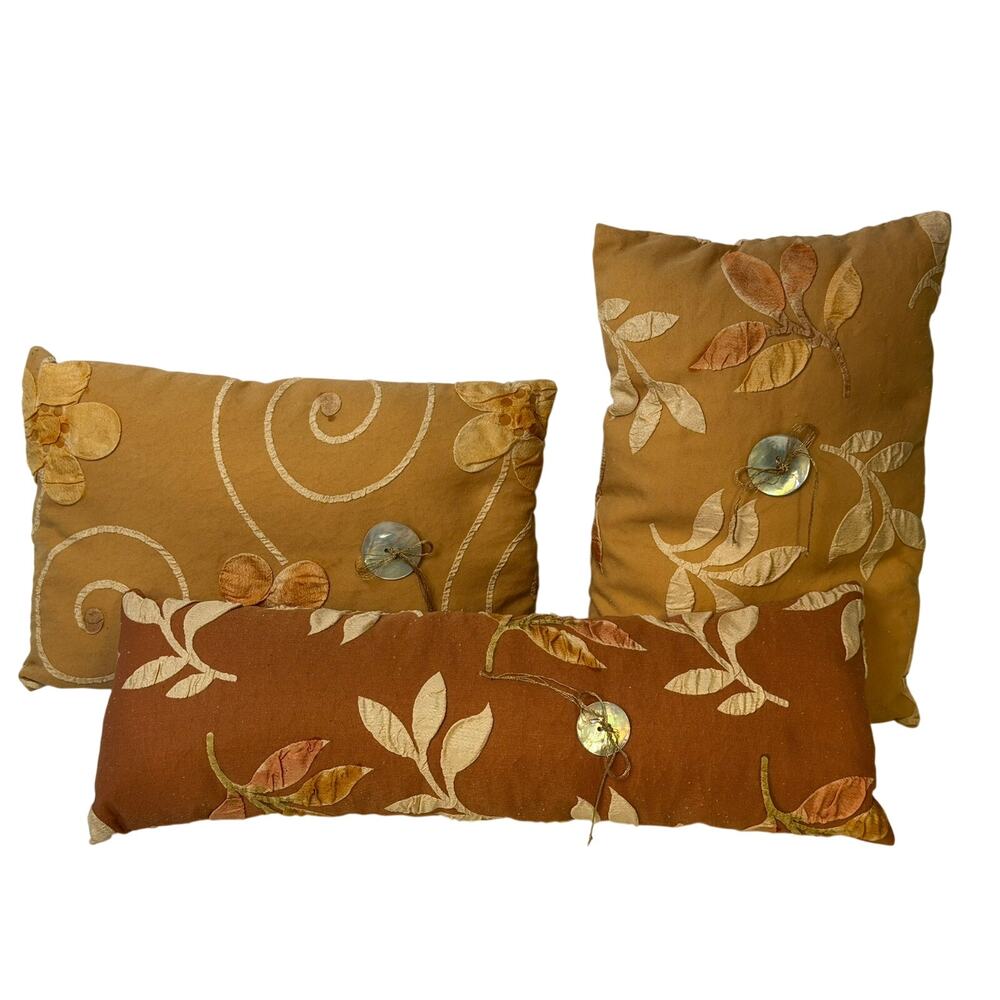 3-Piece Autumn Floral Appliqué Decorative Pillow Set with Shell Button Accents - Picture 9 of 9